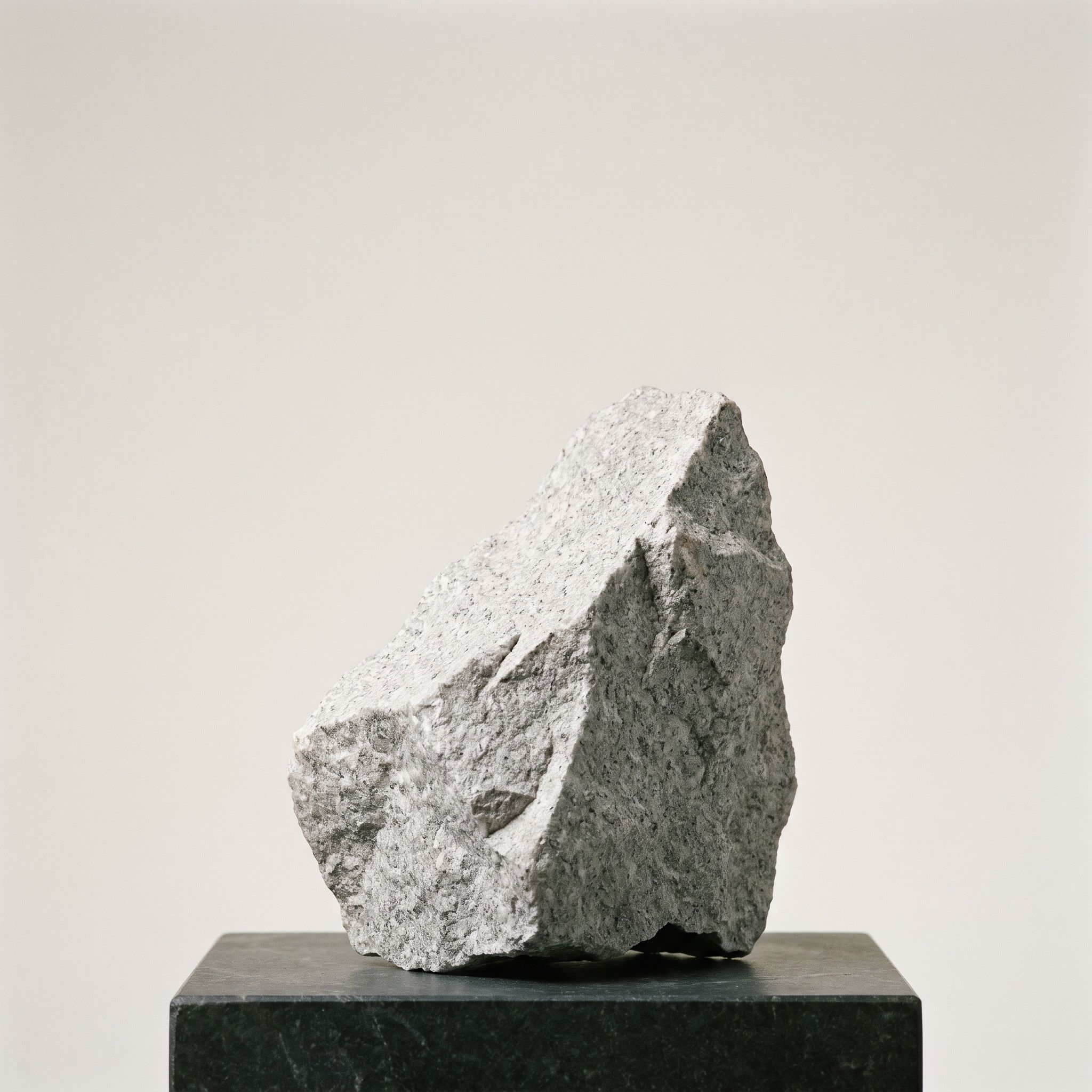 A rough grey stone monolith on an ivory ground