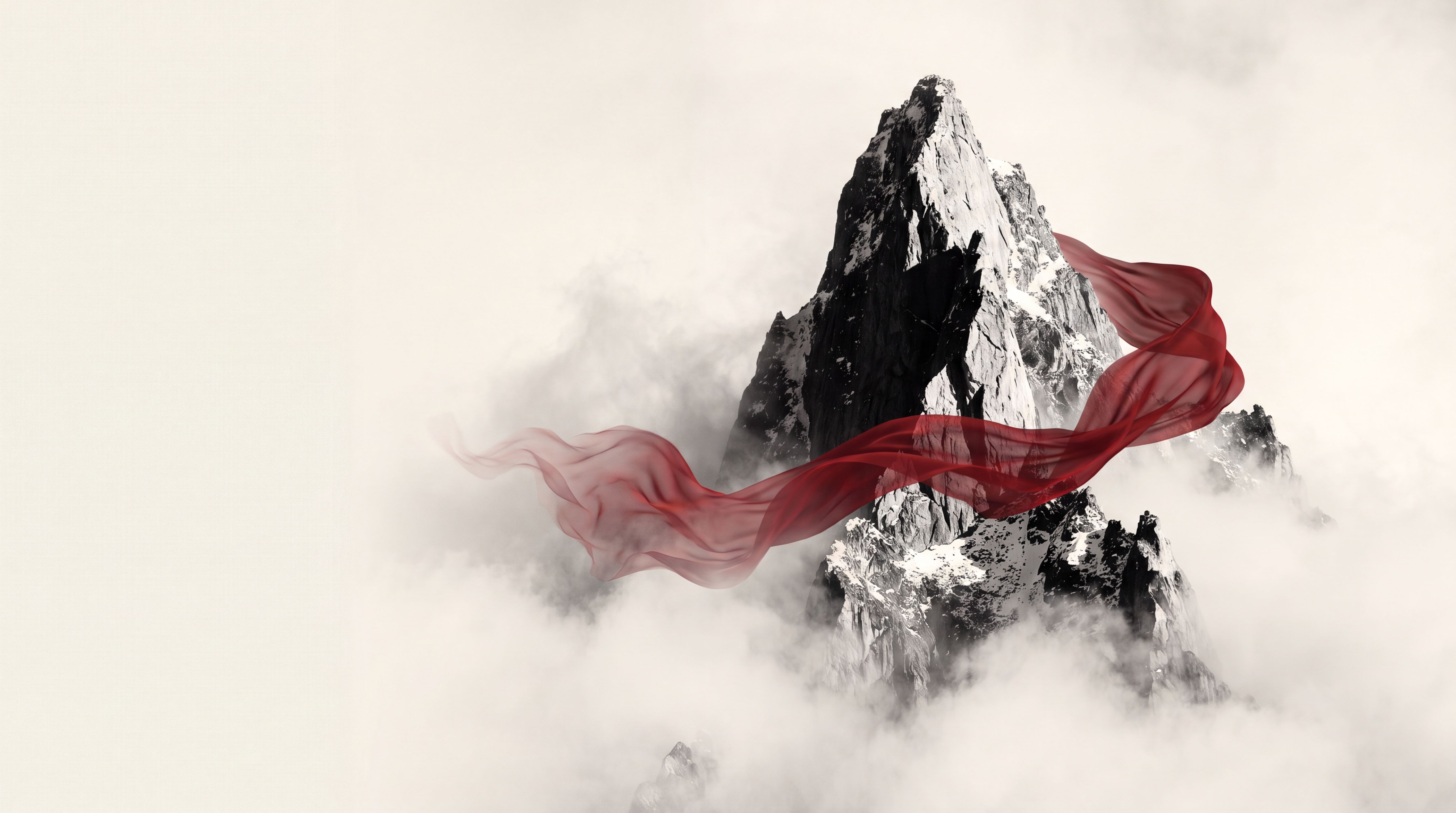 A jagged snow-flecked mountain peak rising through mist, a current of deep red silk sweeping across its face