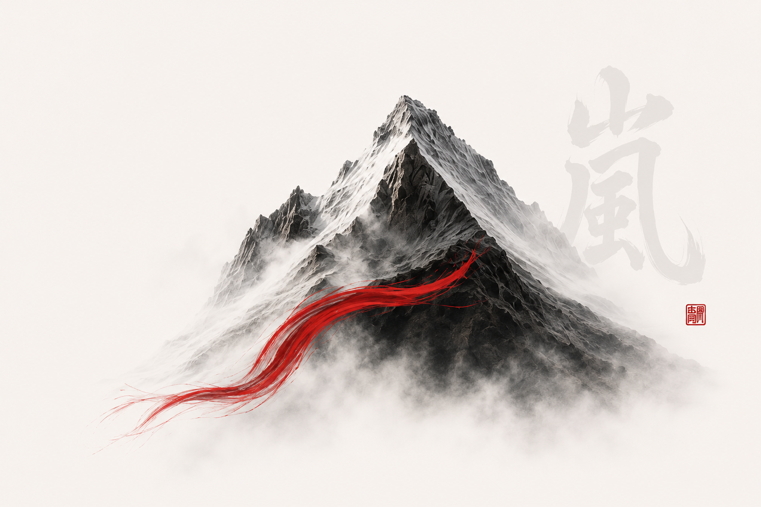 A monochrome mountain rising through mist, crossed by a flowing red ribbon beside the Chinese 岚 symbol